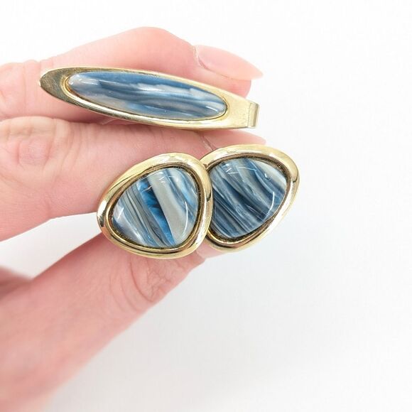 Men's Blue Gold Tone Marbled Wood Look Cufflinks and Tie Tack Set - Picture 4 of 4